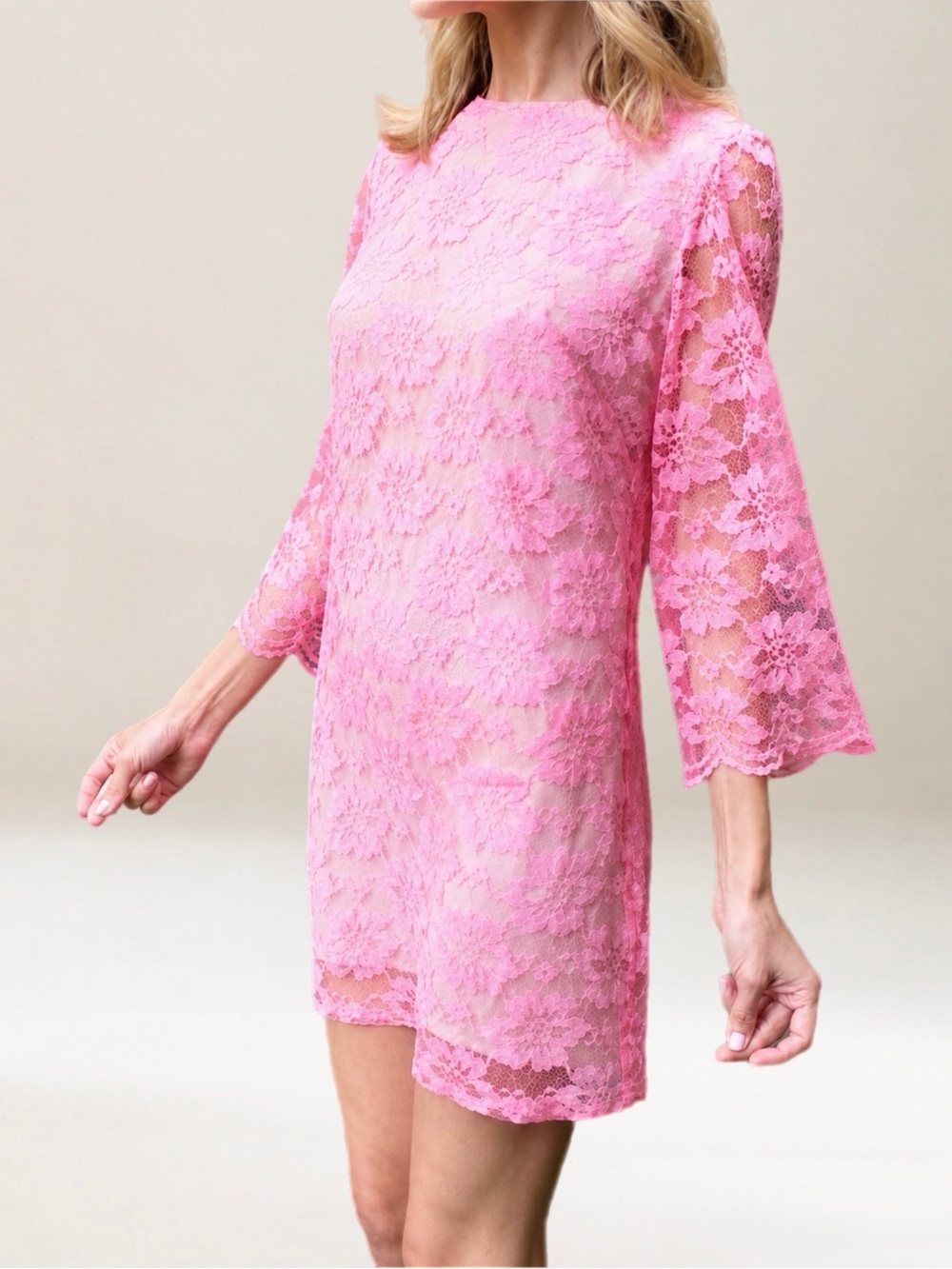 Vintage 60s Hot Pink Floral Lace Shift Mini Dress Sheer Bell Sleeve Slip XS / S - Picture 3 of 17